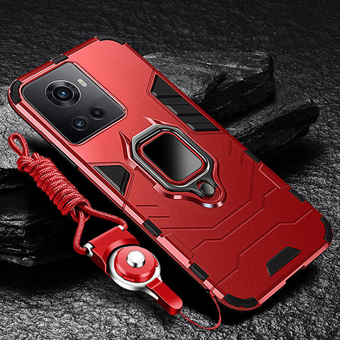 Funda Bumper Silicona y Plastico Mate Carcasa con Magnetico Anillo de dedo Soporte R01 para OnePlus 10R 5G Rojo