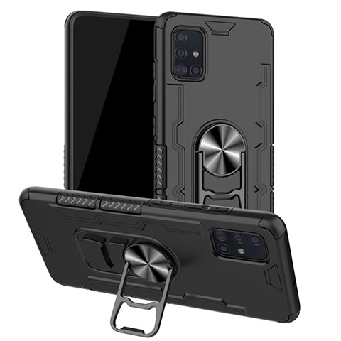 Funda Bumper Silicona y Plastico Mate Carcasa con Magnetico Anillo de dedo Soporte R01 para Samsung Galaxy A51 5G Negro