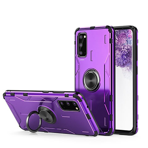 Funda Bumper Silicona y Plastico Mate Carcasa con Magnetico Anillo de dedo Soporte R01 para Samsung Galaxy S20 5G Morado