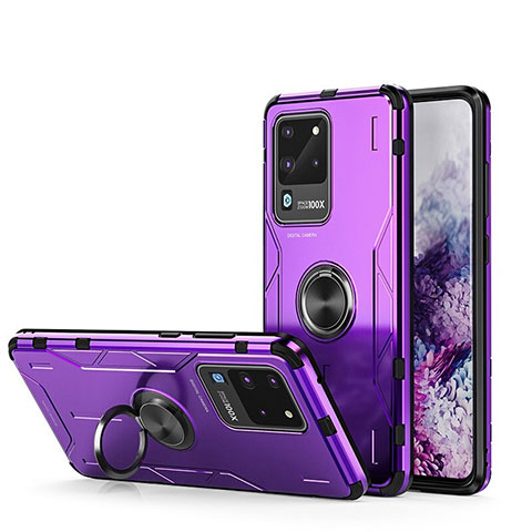 Funda Bumper Silicona y Plastico Mate Carcasa con Magnetico Anillo de dedo Soporte R01 para Samsung Galaxy S20 Ultra 5G Morado