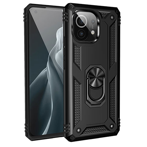 Funda Bumper Silicona y Plastico Mate Carcasa con Magnetico Anillo de dedo Soporte R01 para Xiaomi Mi 11 Lite 4G Negro