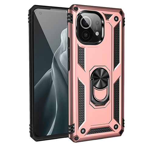 Funda Bumper Silicona y Plastico Mate Carcasa con Magnetico Anillo de dedo Soporte R01 para Xiaomi Mi 11 Lite 5G NE Oro Rosa