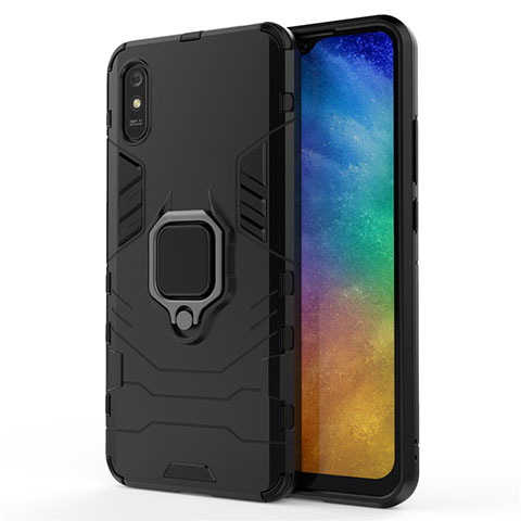 Funda Bumper Silicona y Plastico Mate Carcasa con Magnetico Anillo de dedo Soporte R01 para Xiaomi Redmi 9AT Negro