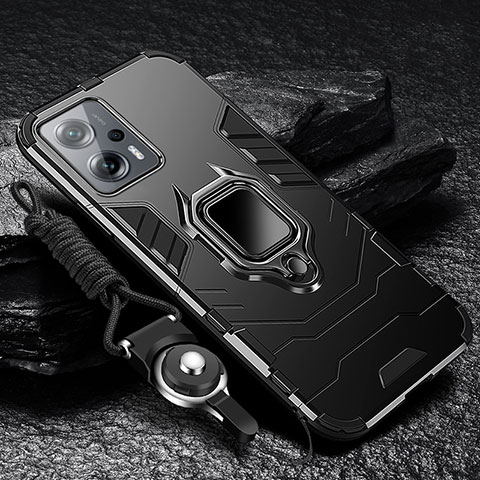 Funda Bumper Silicona y Plastico Mate Carcasa con Magnetico Anillo de dedo Soporte R01 para Xiaomi Redmi Note 11T Pro 5G Negro