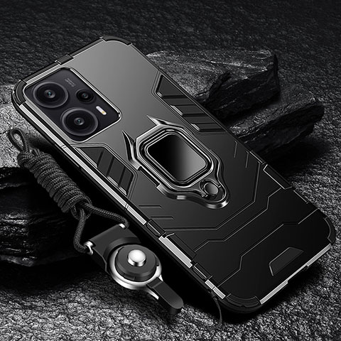 Funda Bumper Silicona y Plastico Mate Carcasa con Magnetico Anillo de dedo Soporte R01 para Xiaomi Redmi Note 12 Turbo 5G Negro