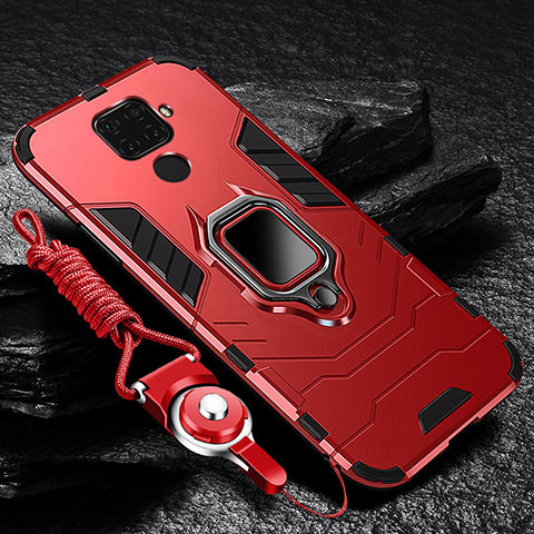 Funda Bumper Silicona y Plastico Mate Carcasa con Magnetico Anillo de dedo Soporte R01 para Xiaomi Redmi Note 9 Rojo