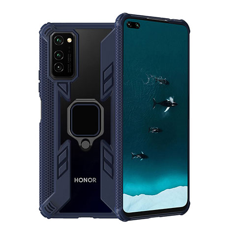Funda Bumper Silicona y Plastico Mate Carcasa con Magnetico Anillo de dedo Soporte R02 para Huawei Honor V30 Pro 5G Azul