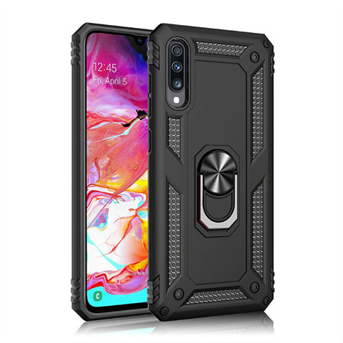 Funda Bumper Silicona y Plastico Mate Carcasa con Magnetico Anillo de dedo Soporte R02 para Samsung Galaxy A70 Negro