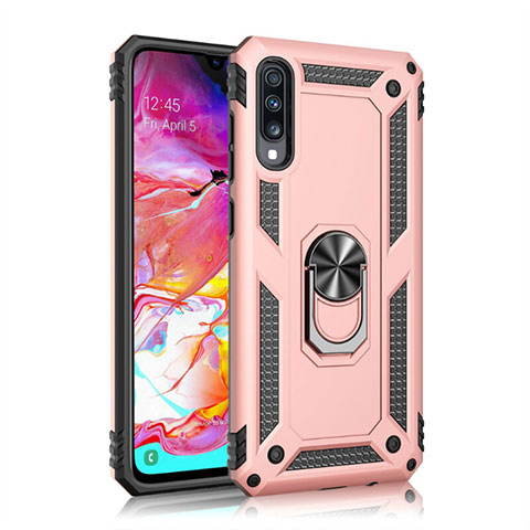 Funda Bumper Silicona y Plastico Mate Carcasa con Magnetico Anillo de dedo Soporte R02 para Samsung Galaxy A70 Oro Rosa