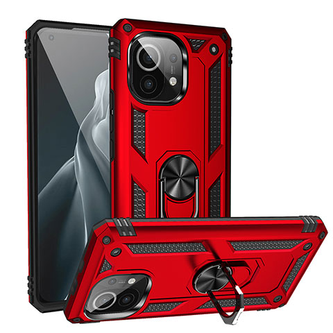 Funda Bumper Silicona y Plastico Mate Carcasa con Magnetico Anillo de dedo Soporte R02 para Xiaomi Mi 11 5G Rojo