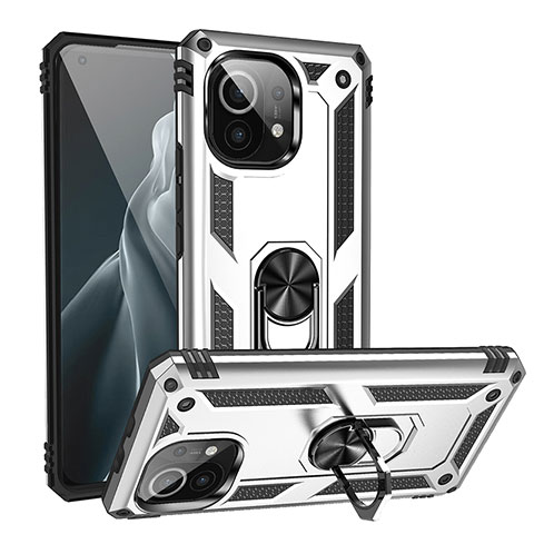 Funda Bumper Silicona y Plastico Mate Carcasa con Magnetico Anillo de dedo Soporte R02 para Xiaomi Mi 11 Lite 4G Plata