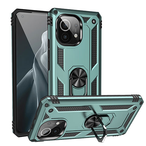 Funda Bumper Silicona y Plastico Mate Carcasa con Magnetico Anillo de dedo Soporte R02 para Xiaomi Mi 11 Lite 4G Verde