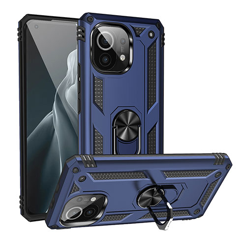 Funda Bumper Silicona y Plastico Mate Carcasa con Magnetico Anillo de dedo Soporte R02 para Xiaomi Mi 11 Lite 5G Azul