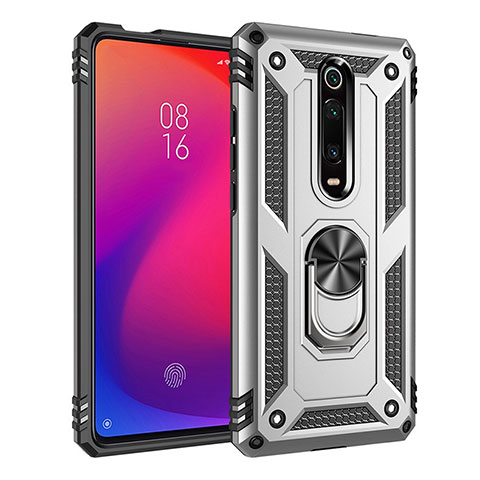 Funda Bumper Silicona y Plastico Mate Carcasa con Magnetico Anillo de dedo Soporte R02 para Xiaomi Redmi K20 Pro Plata