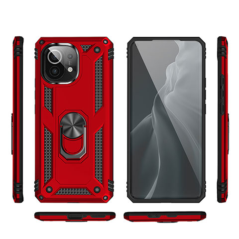 Funda Bumper Silicona y Plastico Mate Carcasa con Magnetico Anillo de dedo Soporte R03 para Xiaomi Mi 11 Lite 4G Rojo