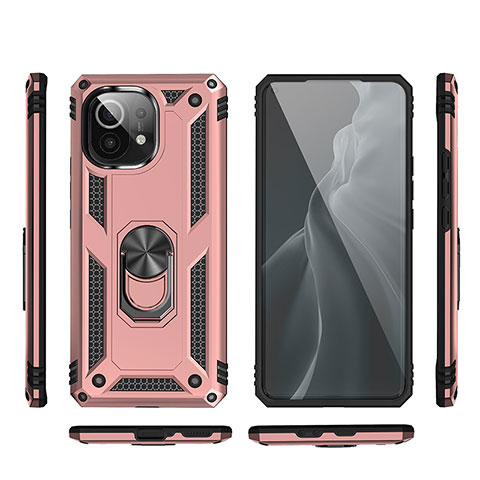 Funda Bumper Silicona y Plastico Mate Carcasa con Magnetico Anillo de dedo Soporte R03 para Xiaomi Mi 11 Lite 5G NE Oro Rosa