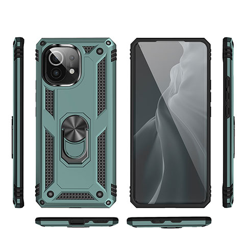 Funda Bumper Silicona y Plastico Mate Carcasa con Magnetico Anillo de dedo Soporte R03 para Xiaomi Mi 11 Lite 5G Verde