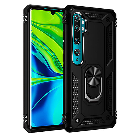 Funda Bumper Silicona y Plastico Mate Carcasa con Magnetico Anillo de dedo Soporte R03 para Xiaomi Mi Note 10 Negro