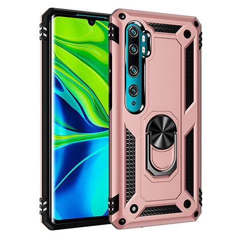 Funda Bumper Silicona y Plastico Mate Carcasa con Magnetico Anillo de dedo Soporte R03 para Xiaomi Mi Note 10 Pro Oro Rosa