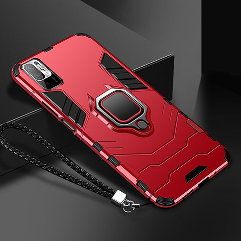 Funda Bumper Silicona y Plastico Mate Carcasa con Magnetico Anillo de dedo Soporte R03 para Xiaomi Redmi Note 10 5G Rojo