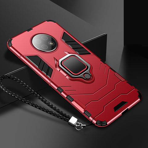 Funda Bumper Silicona y Plastico Mate Carcasa con Magnetico Anillo de dedo Soporte R03 para Xiaomi Redmi Note 9T 5G Rojo