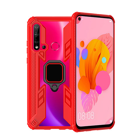 Funda Bumper Silicona y Plastico Mate Carcasa con Magnetico Anillo de dedo Soporte R04 para Huawei Nova 5i Rojo