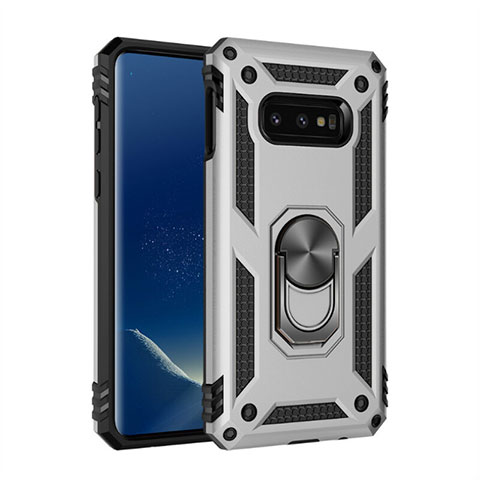 Funda Bumper Silicona y Plastico Mate Carcasa con Magnetico Anillo de dedo Soporte R04 para Samsung Galaxy S10e Plata