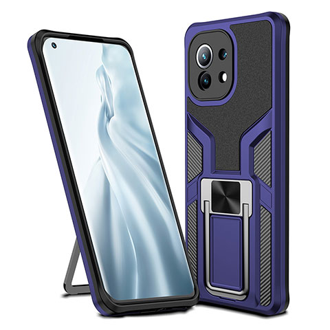 Funda Bumper Silicona y Plastico Mate Carcasa con Magnetico Anillo de dedo Soporte R04 para Xiaomi Mi 11 Lite 4G Azul