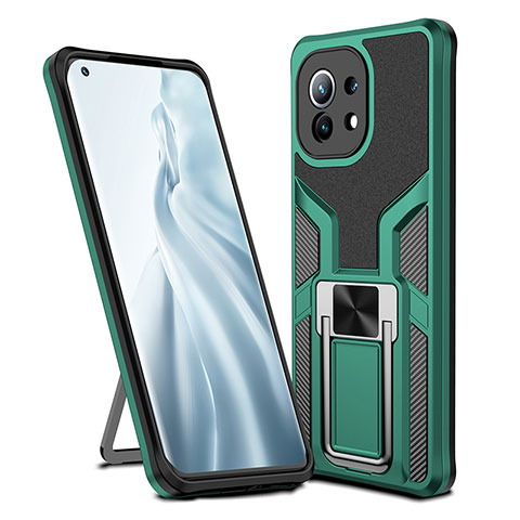 Funda Bumper Silicona y Plastico Mate Carcasa con Magnetico Anillo de dedo Soporte R04 para Xiaomi Mi 11 Lite 4G Verde