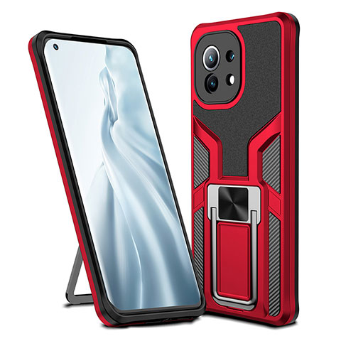 Funda Bumper Silicona y Plastico Mate Carcasa con Magnetico Anillo de dedo Soporte R04 para Xiaomi Mi 11 Lite 5G NE Rojo