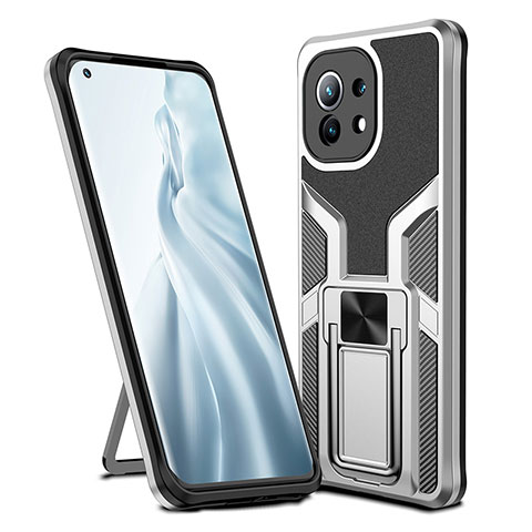 Funda Bumper Silicona y Plastico Mate Carcasa con Magnetico Anillo de dedo Soporte R04 para Xiaomi Mi 11 Lite 5G Plata