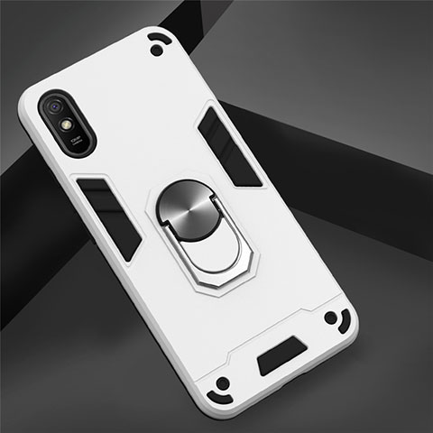 Funda Bumper Silicona y Plastico Mate Carcasa con Magnetico Anillo de dedo Soporte R04 para Xiaomi Redmi 9A Blanco