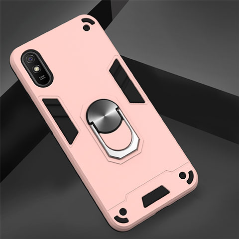 Funda Bumper Silicona y Plastico Mate Carcasa con Magnetico Anillo de dedo Soporte R04 para Xiaomi Redmi 9A Oro Rosa