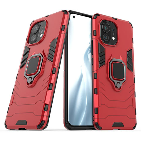 Funda Bumper Silicona y Plastico Mate Carcasa con Magnetico Anillo de dedo Soporte R05 para Xiaomi Mi 11 Lite 5G NE Rojo