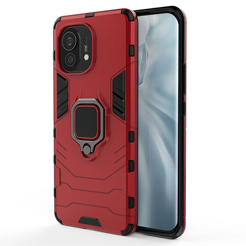 Funda Bumper Silicona y Plastico Mate Carcasa con Magnetico Anillo de dedo Soporte R06 para Xiaomi Mi 11 Lite 5G NE Rojo