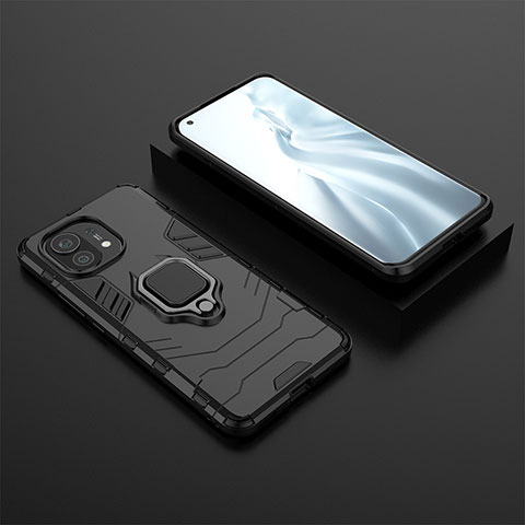 Funda Bumper Silicona y Plastico Mate Carcasa con Magnetico Anillo de dedo Soporte R07 para Xiaomi Mi 11 5G Negro