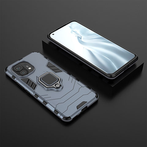 Funda Bumper Silicona y Plastico Mate Carcasa con Magnetico Anillo de dedo Soporte R07 para Xiaomi Mi 11 Lite 5G NE Azul