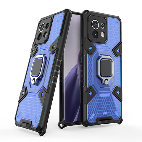 Funda Bumper Silicona y Plastico Mate Carcasa con Magnetico Anillo de dedo Soporte R09 para Xiaomi Mi 11 Lite 5G Azul