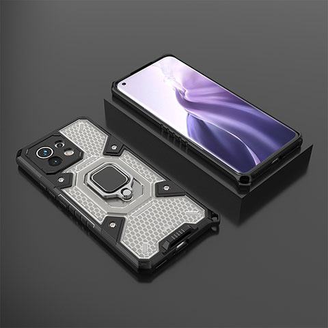 Funda Bumper Silicona y Plastico Mate Carcasa con Magnetico Anillo de dedo Soporte R11 para Xiaomi Mi 11 Lite 4G Gris