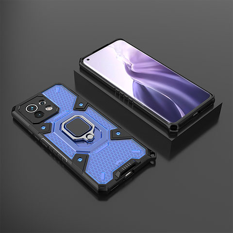 Funda Bumper Silicona y Plastico Mate Carcasa con Magnetico Anillo de dedo Soporte R11 para Xiaomi Mi 11 Lite 5G NE Azul