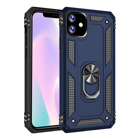 Funda Bumper Silicona y Plastico Mate Carcasa con Magnetico Anillo de dedo Soporte S01 para Apple iPhone 11 Azul