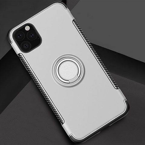 Funda Bumper Silicona y Plastico Mate Carcasa con Magnetico Anillo de dedo Soporte S01 para Apple iPhone 11 Pro Max Plata