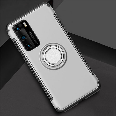 Funda Bumper Silicona y Plastico Mate Carcasa con Magnetico Anillo de dedo Soporte S01 para Huawei P40 Plata