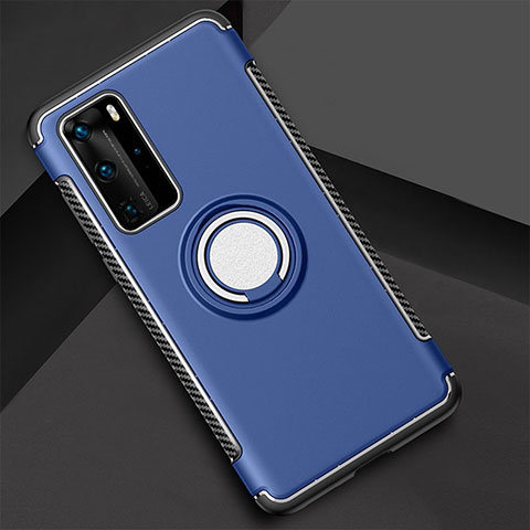 Funda Bumper Silicona y Plastico Mate Carcasa con Magnetico Anillo de dedo Soporte S01 para Huawei P40 Pro Azul