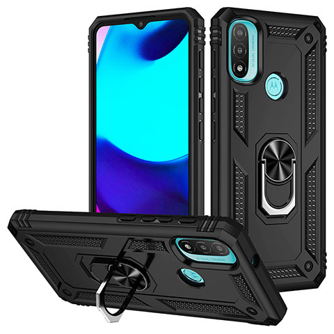 Funda Bumper Silicona y Plastico Mate Carcasa con Magnetico Anillo de dedo Soporte S01 para Motorola Moto E20 Negro