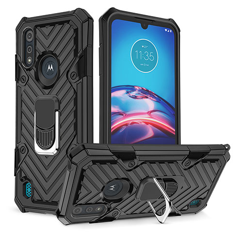 Funda Bumper Silicona y Plastico Mate Carcasa con Magnetico Anillo de dedo Soporte S01 para Motorola Moto E6s (2020) Negro