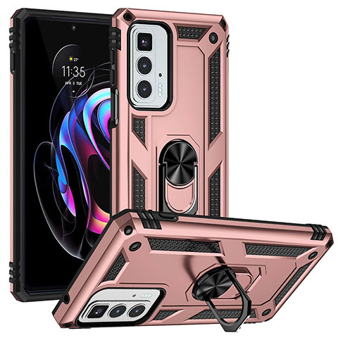 Funda Bumper Silicona y Plastico Mate Carcasa con Magnetico Anillo de dedo Soporte S01 para Motorola Moto Edge 20 Pro 5G Oro Rosa