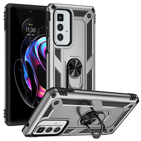 Funda Bumper Silicona y Plastico Mate Carcasa con Magnetico Anillo de dedo Soporte S01 para Motorola Moto Edge 20 Pro 5G Plata