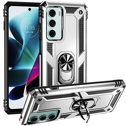 Funda Bumper Silicona y Plastico Mate Carcasa con Magnetico Anillo de dedo Soporte S01 para Motorola Moto Edge S30 5G Plata