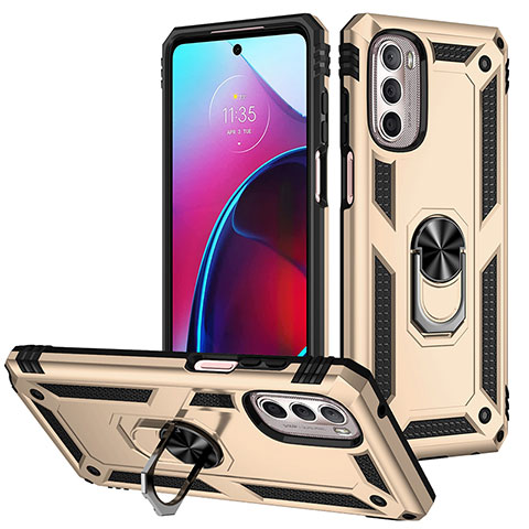 Funda Bumper Silicona y Plastico Mate Carcasa con Magnetico Anillo de dedo Soporte S01 para Motorola Moto G Stylus (2022) 4G Oro